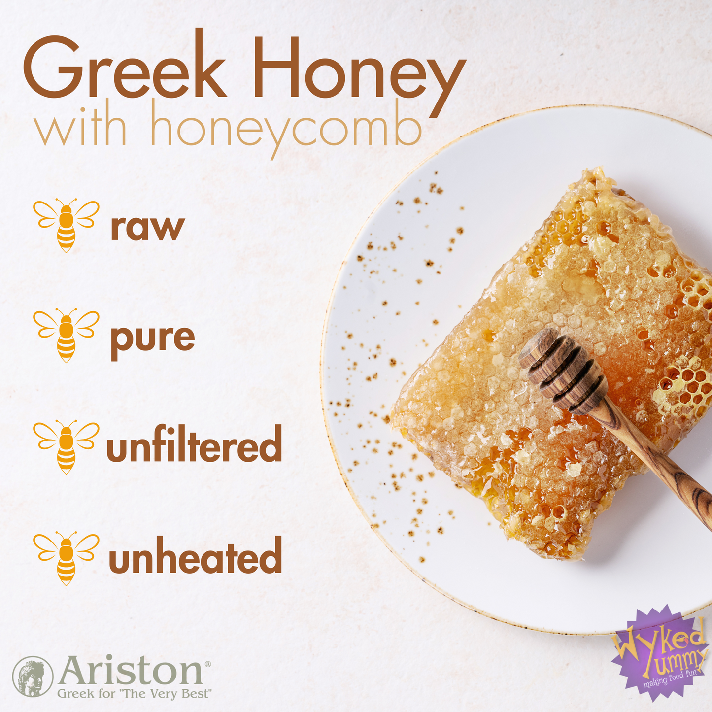 Ariston Unfiltered Raw Honey with fresh Honeycomb and Honey Dipper