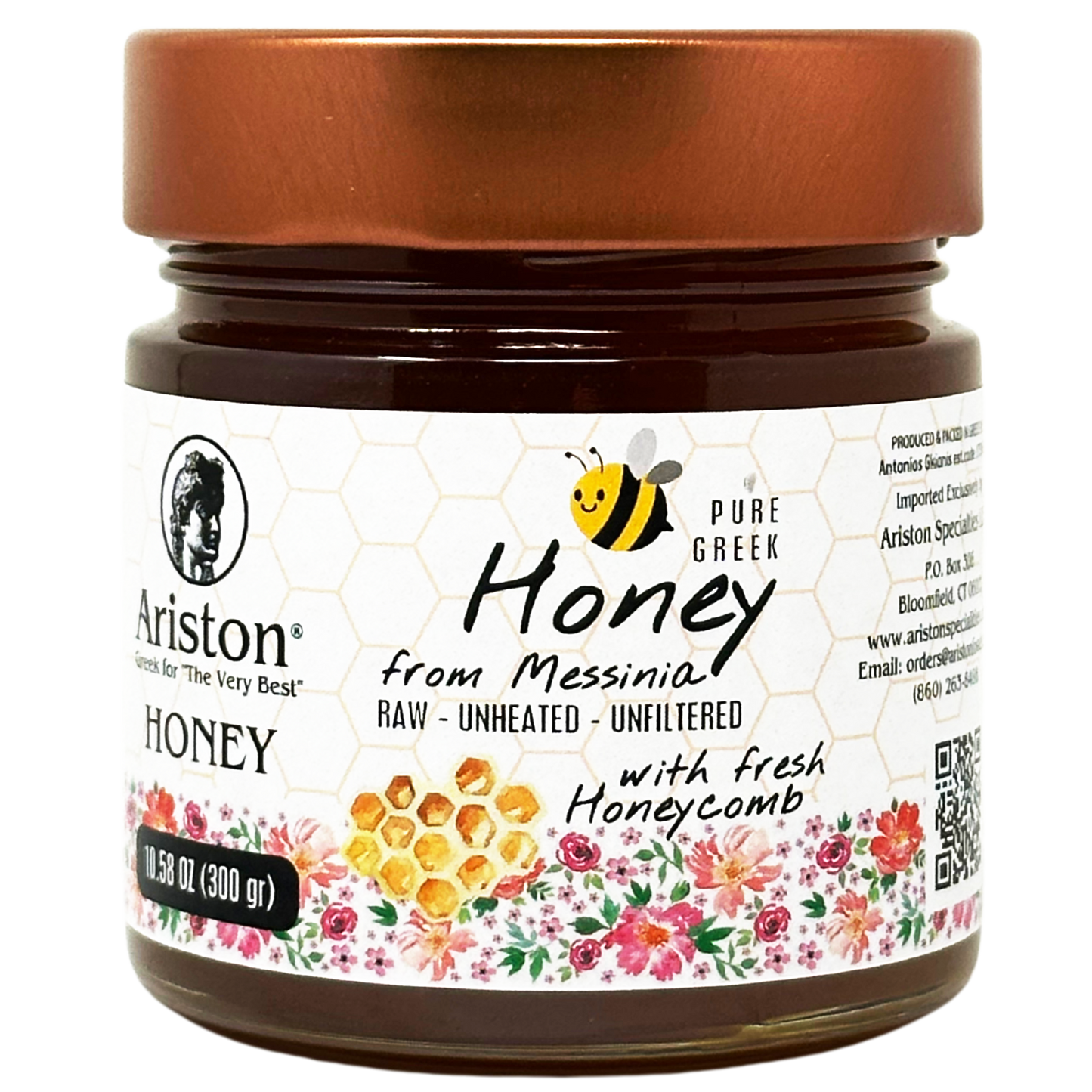 Ariston Unfiltered Raw Greek Honey with Honeycomb and Wooden Dipper