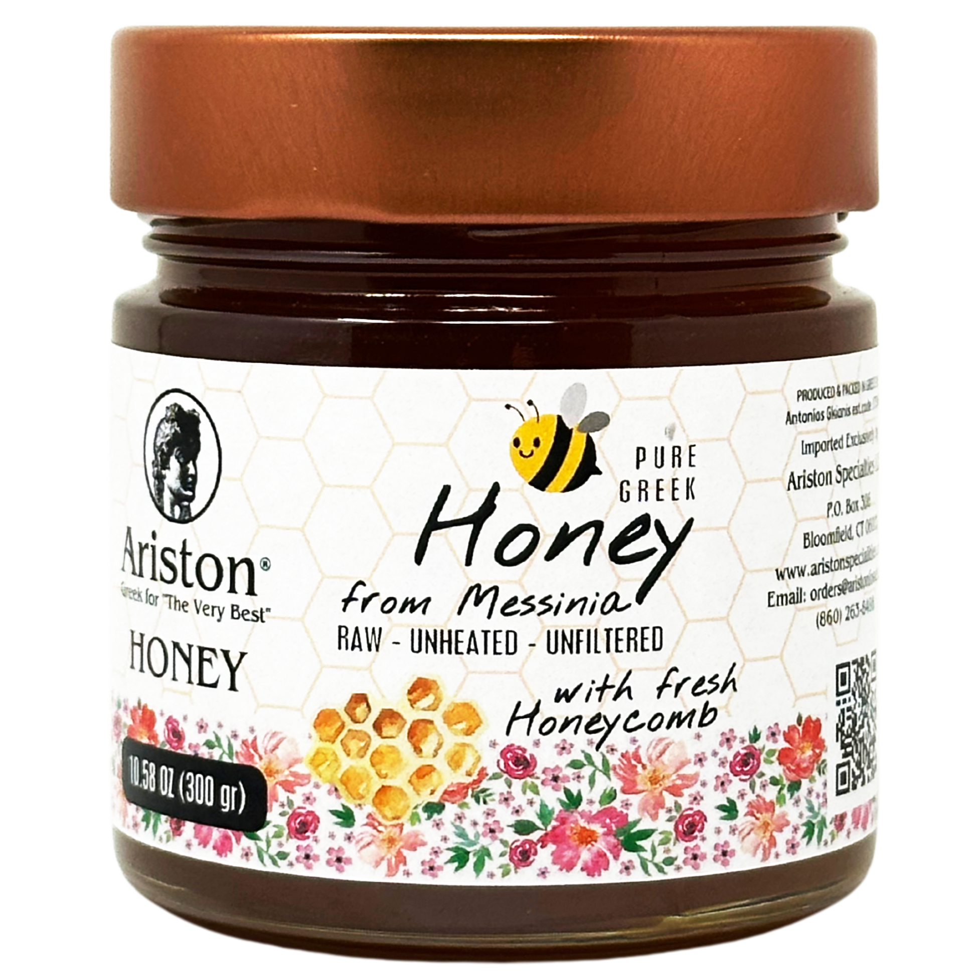 Ariston Unfiltered Raw Greek Honey with Honeycomb and Wooden Dipper